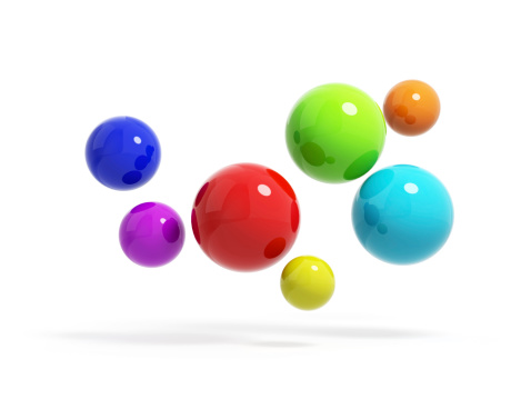 Seven colorful glossy spheres flying isolated on white background