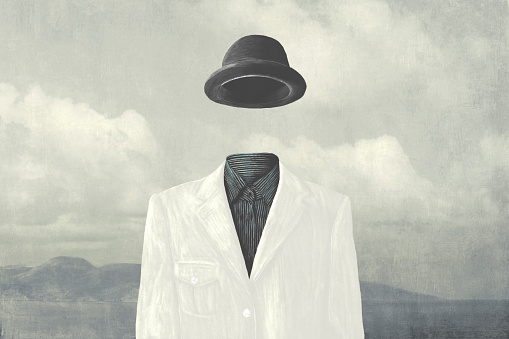 Illustration of invisible man wearing black bowler, surreal concept of absence of identity