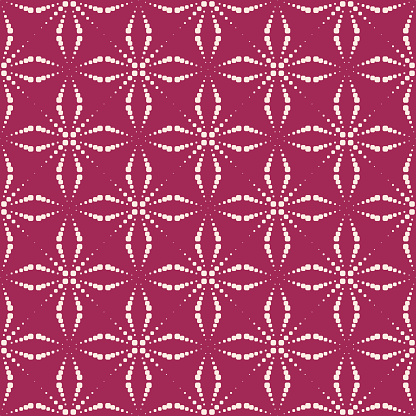 Vector seamless pattern with dots. Simple geometric texture with dotted halftone crosses, floral silhouettes, grid. Abstract minimal background in burgundy color. Modern repeat design for decor, print