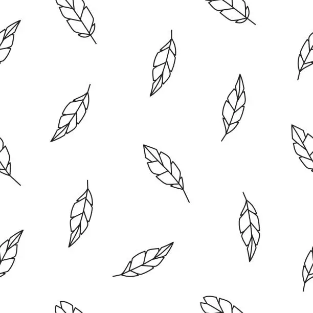 Vector illustration of Seamless pattern with doodle outline feathers.