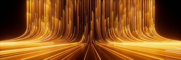istock 3d render, abstract neon wallpaper. Yellow glowing lines over black background. Streaming energy 1857802190