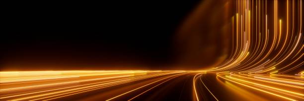 istock 3d render, abstract neon wallpaper. Yellow glowing lines over black background. Streaming energy 1857802208