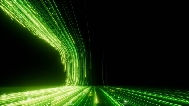 istock 3d rendering. Abstract digital wallpaper. Green neon lines over the black background, particles falling down with glowing tails 1857802728