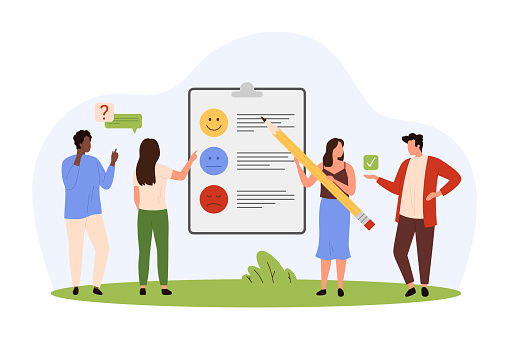 Customer feedback, product quality survey vector illustration. Cartoon tiny people with pencil rate user experience and satisfaction in online questionnaire with happy, sad faces of emoticons