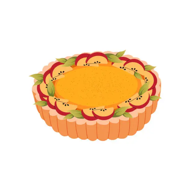 Vector illustration of Apple pie decorated with with apple slices. Christmas and Holiday sweet cake. Apple charlotte.