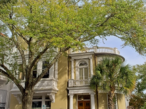 Charleston, South Carolina - USA, November 30, 2023. The John Cordes Prioleau House, a historic house on Meeting street Charleston. Southern charm architecture along Meeting street in Charleston.