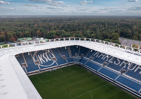 Karlsruhe, Baden-Württemberg, Germany - October 3, 2023: Aerial view of Wildparkstadion, currently known as BBBank Wildpark, home stadium for 2. Bundesliga football club Karlsruher SC