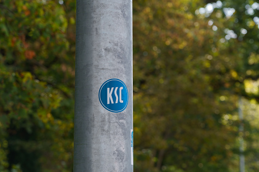 Karlsruhe, Baden-Württemberg, Germany - October 3, 2023: Sticker with Karlsruher SC logo at Wildparkstadion, currently known as BBBank Wildpark.