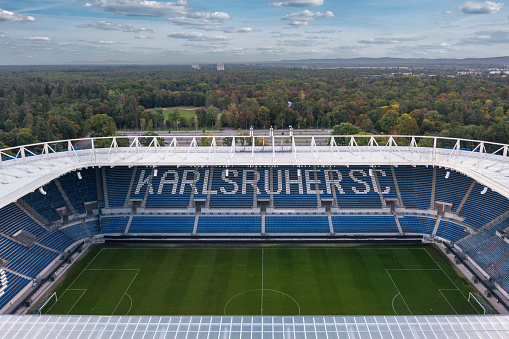 Karlsruhe, Baden-Württemberg, Germany - October 3, 2023: Aerial view of Wildparkstadion, currently known as BBBank Wildpark, home stadium for 2. Bundesliga football club Karlsruher SC