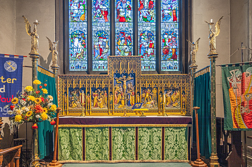 Saint Peter and Saint Paul Church, Tring, Hertfordshire, England - November 3nd 2023:  The main altar in the village church from the 14th century