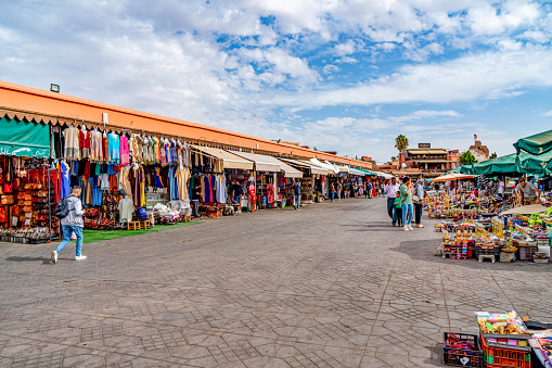 Jemaa el-Fnaa viwe, markets and restaurants at medina of Marrakech, Morocco.