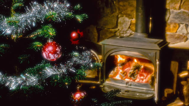 Christmas tree and wood burning stove