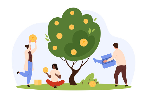 Financial investment growth, increase earning profit and capital gain vector illustration. Cartoon tiny people watering money tree, investors growing plant with gold dollar coins, success strategy