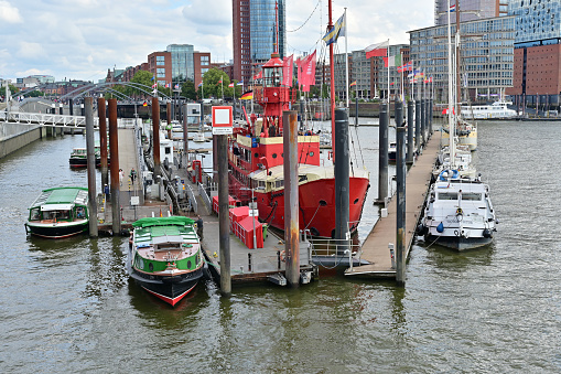 Historic lightship in the old port of Hamburg, Germany