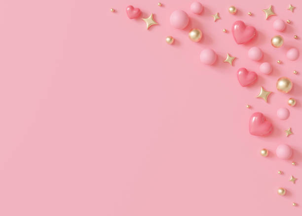 Captivating pink background graced with glossy hearts, pearls and stars creating delightful diagonal cascade, perfect for romantic Valentine's Day themes or greeting card design. Copy space. 3D.