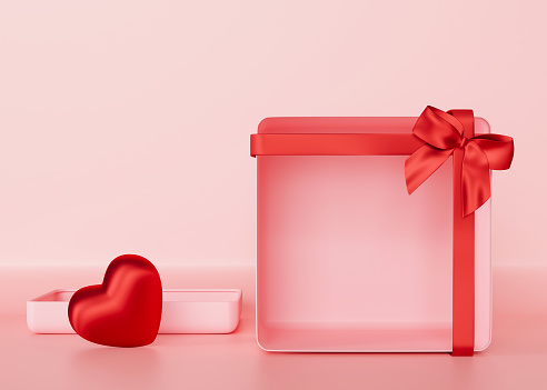 Pink gift box with lustrous red ribbon, perfect for showcasing product, set against gentle pink backdrop, radiating elegance and romance. Box for cosmetic presentation. Valentine's Day. Mock up. 3D