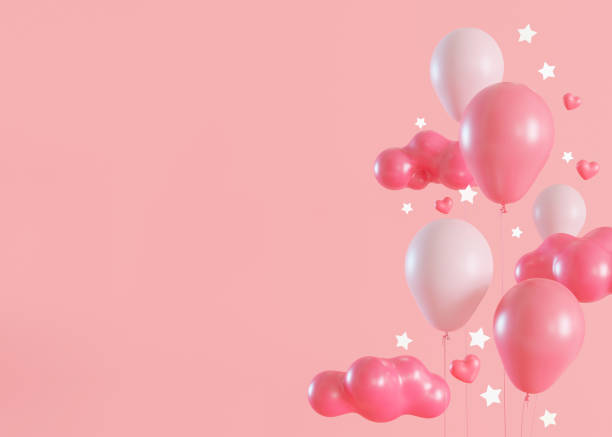 istock Pink background with helium balloons, clouds, glowing stars and copy space. Valentine's Day, Woman's, Mother's Day backdrop. Empty space for text. Postcard, greeting card design. Love. 3D. 1857842413