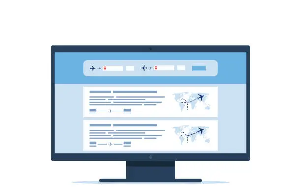 Vector illustration of Flight search website on a computer screen. Avia sale web site aggregator for buying tickets online. Search bar and results, flight options. Travel, journey, business trip. Vector illustration.