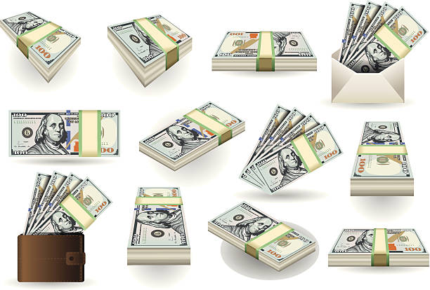 ilustraciones, imágenes clip art, dibujos animados e iconos de stock de conjunto de billetes de cien dólares - billete de cien dólares estadounidenses