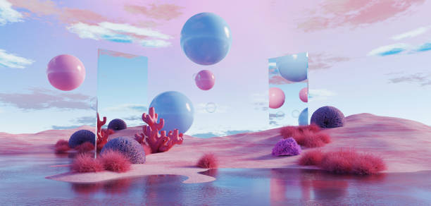 istock 3d Render, Abstract Surreal pastel landscape background with arches and podium for showing product, panoramic view, Colorful dune scene with copy space, blue sky and cloudy, Minimalist decor design 1857849539