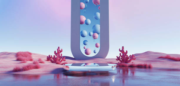 istock 3d Render, Abstract Surreal pastel landscape background with arches and podium for showing product, panoramic view, Colorful dune scene with copy space, blue sky and cloudy, Minimalist decor design 1857849545