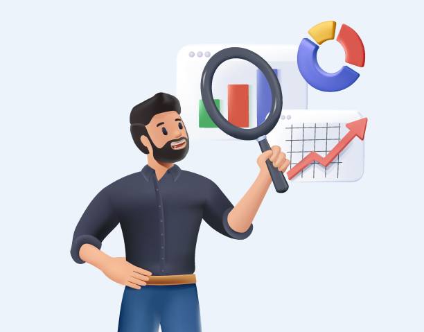 Stock market 3D illustration. Stock chart analysis and information and news search. Planning statistics 3D illustration Stock market 3D illustration. Stock chart analysis and information and news search. Planning and visualization of statistics. Charts and graphs. 3D vector illustration for website cartoon of a searching stock illustrations