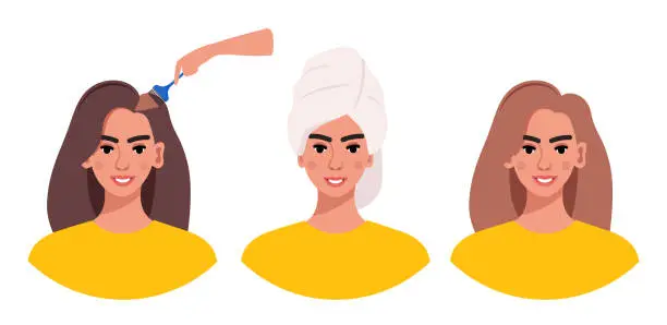 Vector illustration of Steps of hair coloring process for woman at home. Brunette changes her hair color to lighter one. Hair lightening. How to dye your hair. Vector illustration.