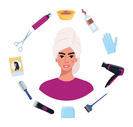 Hair coloring elements. Hair dye, brush, comb, bowl, gloves, oxidizer, hair balm. Tools and cosmetic products for hair care. Elements for beauty salon. Vector illustration