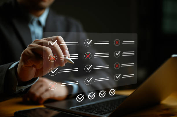 istock Quality control, Checklist Steps Quality Selection with Quality Assurance improvement. Inspection, QA, QC, Standardization, certification. Compliance to regulations products, service and standards. 1857855386