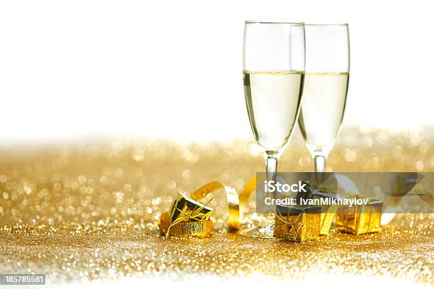 Champagne With Christmas Present Stock Photo - Download Image Now - Alcohol - Drink, Box - Container, Bright