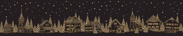 Christmas and New Year seamless border pattern. Fairy tale houses, stars, snowflakes, fir tree and spruce. Golden doodle contour line on a black background