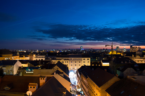 Zagreb, Croatia - 28th Dec 2022: Nightfall panoramic view over the city Zagreb during the winter holidays