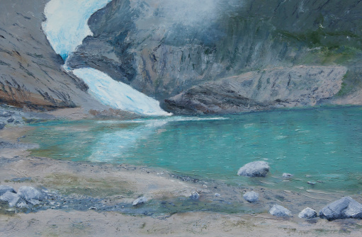 Painting of a glacier and a lake in the mountains