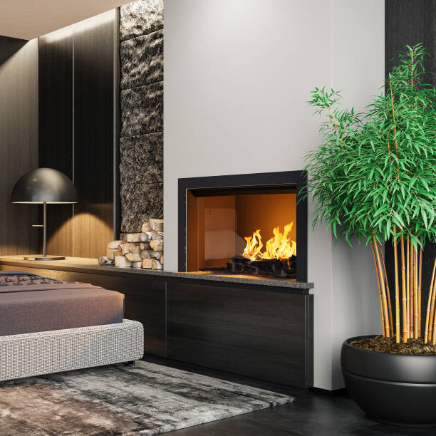 istock Modern minimalist bedroom with fireplace 1857941231