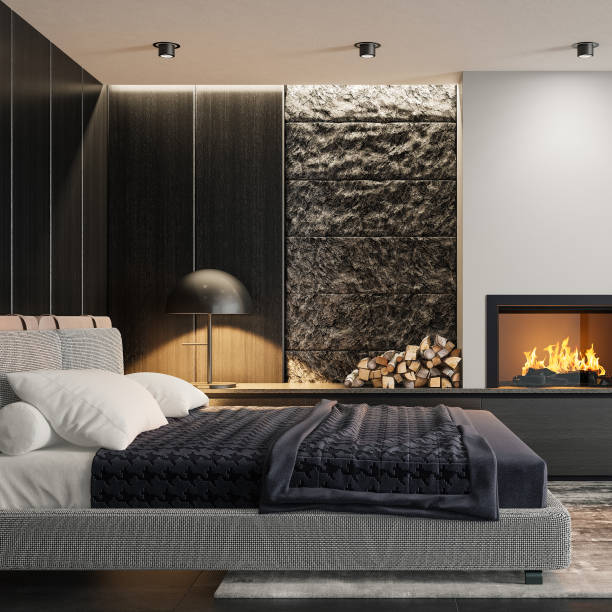istock Modern minimalist bedroom with fireplace 1857941233