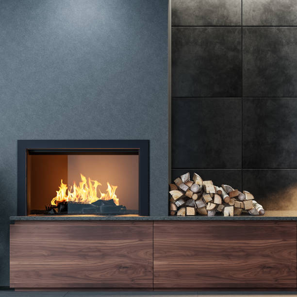 istock Modern minimalist interior area with fireplace 1857941261