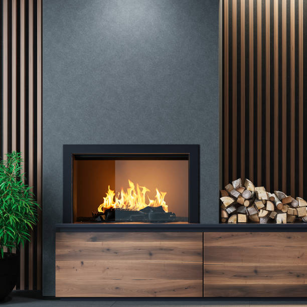 istock Modern minimalist interior area with fireplace 1857941266