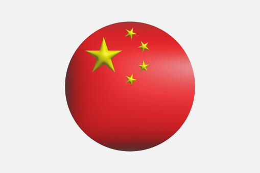 Круглы надутый флаг Китая. Иконка, кнопка, эмблема. На светлом фоне.