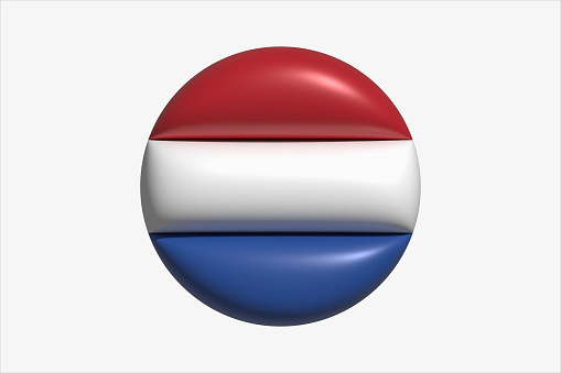 Круглы надутый флаг Нидерланд. Иконка, кнопка, эмблема. На светлом фоне.