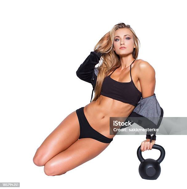Sexy Fitness Model Sit With Kettlebell Stock Photo - Download Image Now - Abdominal Muscle, Adult, Anaerobic Exercise