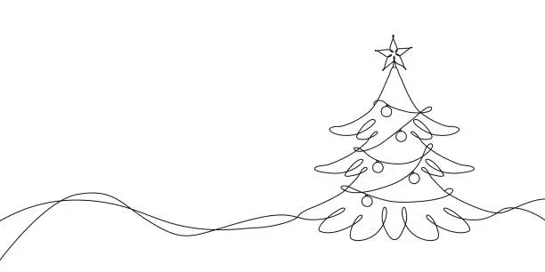 Vector illustration of Christmas Tree in the Snow Continuous Line Drawing with Editable Stroke.