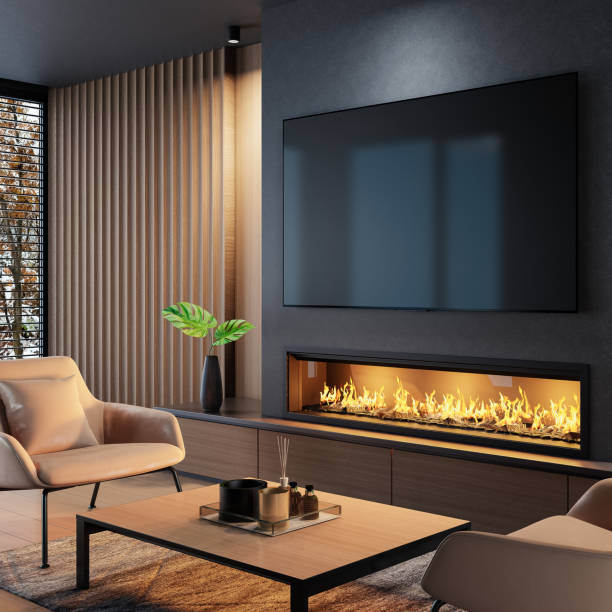 istock 8k TV Modern minimalist living area with fireplace 1857957664