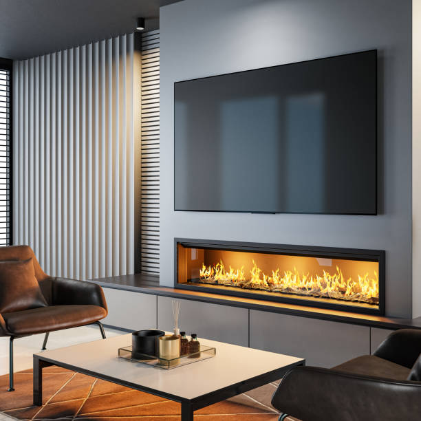 istock 8k TV Modern minimalist living area with fireplace 1857957671