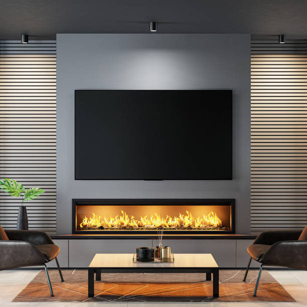 istock 8k TV Modern minimalist living area with fireplace 1857957672