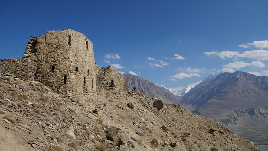 A view of the Yamchun Fortress, Tajikistan, from the road nearby