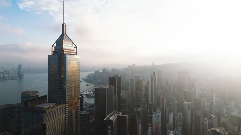 Hong Kong viewed from the drone with city skyline of crowded skyscrapers