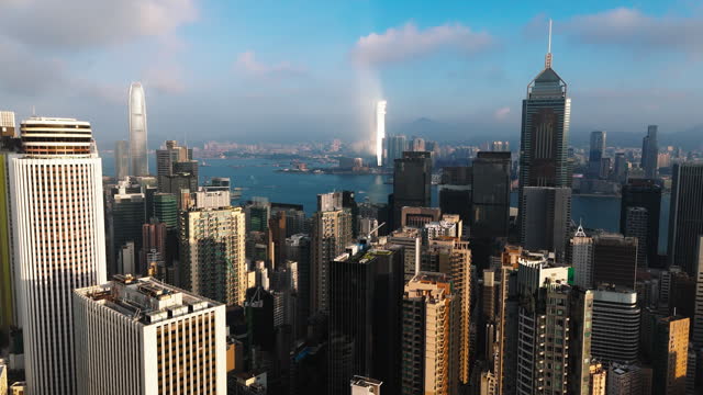 Hong Kong viewed from the drone with city skyline of crowded skyscrapers
