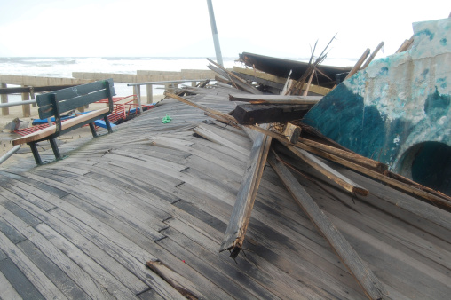 Remains of the boardwalk and Seapiper Playground after the devastation of Hurricane Sandy in Rockaway Park, New York.