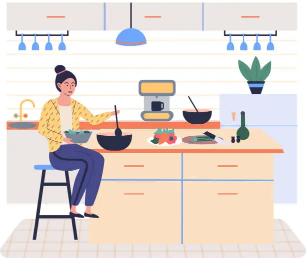 Vector illustration of People cooking vegetarian food. Vector illustration. Cute girl cooking homemade meals in kitchen