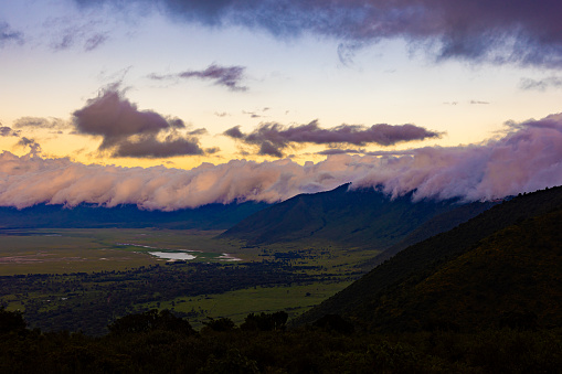 Ngorongoro Crater in Tanzania at sunset taken from the rim of the Crater